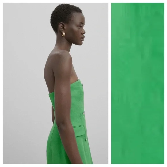 NWT. Massimo Dutti Studio Green 100% Linen Strapless Midi Dress. Size S.